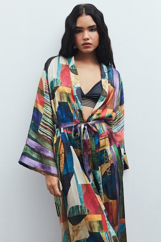 Frappant Coloré Desenli Uzun Saten Sabahlık / Kimono Çok Renkli