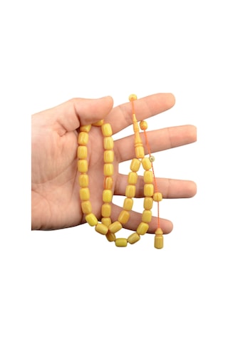 Sistem Püsküllü 11x8 Mm İmzalı Sıkma Kehribar Tesbih Sarı