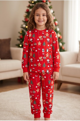 Bmt Bebek %100 Pamuk Kırmızı Yılbaşı Temalı Çocuk Pijama Takımı 3-12 Yaş