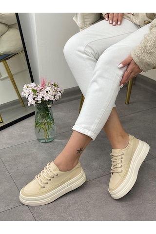 Erva'nın Butiği Ekru Keten Werner Bağcıklı Kadın Sneakers-5358