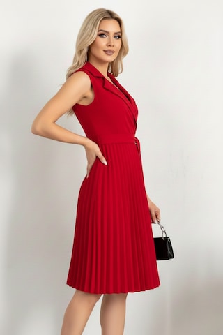 Defymoda Kadın Plise Detaylı Kuşaklı Modern Elbise Kırmızı