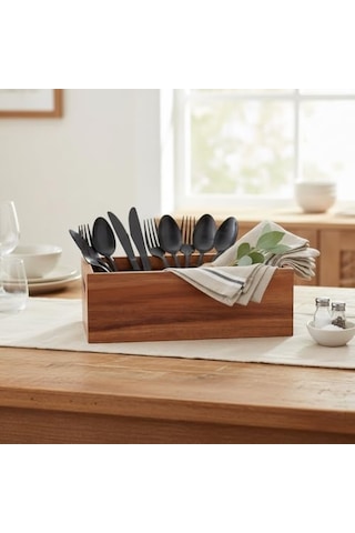 Deconox Akasya Ağacı Ekmeklik & Çok Amaçlı Organizer Kutu 25x14x8 Cm El Yapımı Doğal Ahşap Servis Tepsisi Mutfak, Banyo, Ofis Ve Ev Düzenleyici Kutu Kulplu Dekoratif Ahşap Kutu A