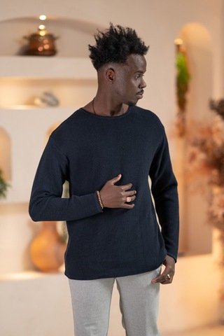 Regular Fit Likralı Kendinden Çizgili Mevsimlik Spor Kazak Lacivert