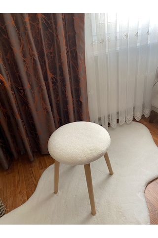 Ahşap Ayak Dekoratif Peluş Puf Tabure Beyaz