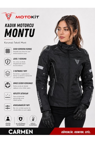 Motokit Crazybull Carmen Siyah Kadın 4 Mevsim 3 Katmanlı Korumalı Reflektörlü Motosiklet Montu Motokit Crazybull Carmen Siyah Kadın 4 Mevsim 3 Katmanlı Korumalı Reflektörlü Motosiklet Montu