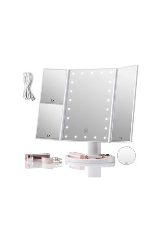 Led Işıklı Katlanabilir Makyaj Aynası - 2x 3x 10x Büyütme Modu - Dokunmatik Touch Ekran - 5 Farklı Ayna Açık Bej