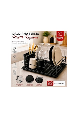 En Çok Tercih Edilen Daldırma Termo Plastik Kaplama Bulaşıklık Paslanmaz & Kararma Yapmaz Ultra Geniş Kapasiteli Tabaklık Su Tutmayan Tepsi Premium Mutfak Kurutmalık 45,5x35,5 Cm-siyah Siyah