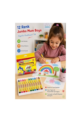 Jumbo Mum Boya 12 Li 1 Paket Play-doh 12 Renk Mumboya Elleri Kirletmeyen Yıkanabilir Silinebilir Karton Kutu Çok Renkli
