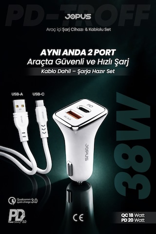 Jopus Type-C Kablolu Araç Şarj Aleti Çakmaklık Seti - Type-C + USB Girişli 38W JO-A7