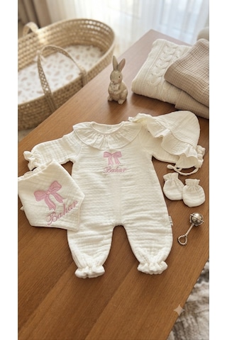 Elizi İsim Nakışlı Bebek Tulum Seti Ekru