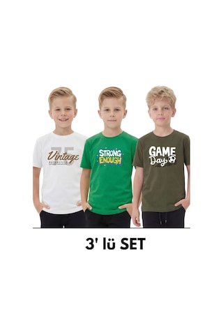 Fyk Kids 3'lü Yuvarlak Yakalı Baskı Detaylı Basic 3 Parça Erkek Çocuk Tişört Beyaz - Yeşil