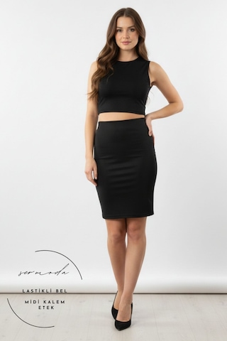 Sermoda Kalem Etek - Bel Lastikli Slim Fit Midi Kalem Etek Ks Siyah Us Siyah