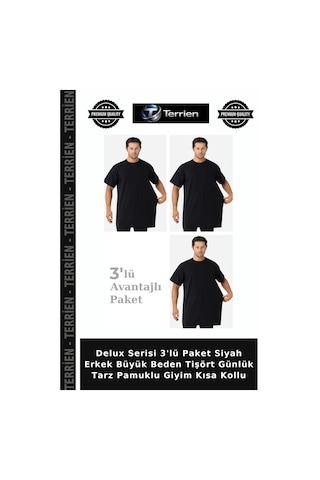 Terrien Delux Serisi 3'lü Paket Siyah Erkek Büyük Beden Tişört Günlük Tarz Pamuklu Giyim Kısa Kollu Siyah-3