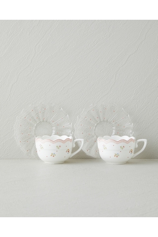 English Home Daisy Days New Bone China 4 Parça 2 Kişilik Cam Tabaklı Kahve Fincan Takımı 80 Ml Pembe - Yeşil