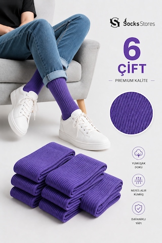 Socks Stores 6 Çift Unisex Renkli Pamuklu Soket Çorap - Renkli Tenis Boy Çorap Mor