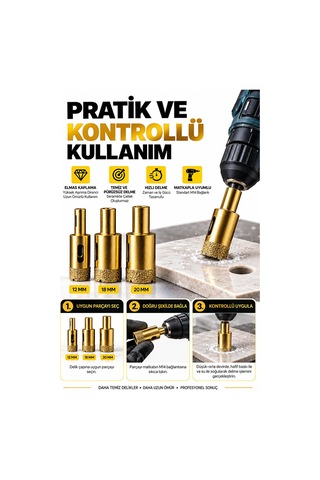 Seramik Delme Pançı 3 Lü Set 12-18-20 Mm Elmas Kaplama M14 Uyumlu