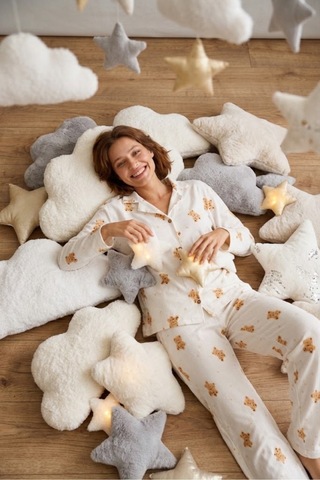 Kadın Gömlek Yaka Düğmeli Gece Giyimi Beyaz Pijama Takımı