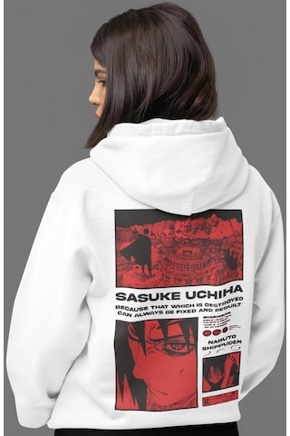 Sevbano Sasuke Uchiha Naruto Anime Sırt Baskılı Unisex Oversize Penye Hoo beyaz