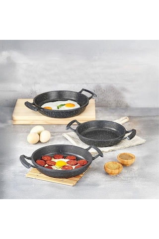 Lexroo 3'lü Döküm Sahan Seti, 3'lü Yumurta, Omlet Tavası, 3 Boy Döküm Siyah Granit Sahan Tava