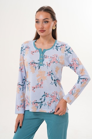 Çift Kaplan Kadın Pamuk Modal Çiçekli Açık Patlı Mavi Pijama Takımı 7001 Mavi