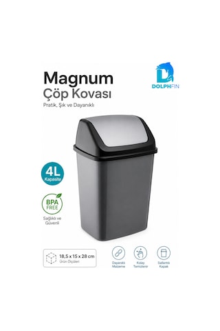 Magnum 4 Litre Sallanır Kapaklı Mini Çöp Kovası Banyo Mutfak Ofis Antrasit Siyah