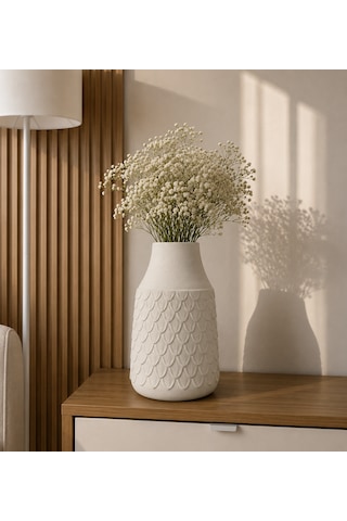 24 Cm Dekoratif Vazo - Yapay Çiçek Vazo - Modern Ev & Ofis Dekorasyon Beyaz