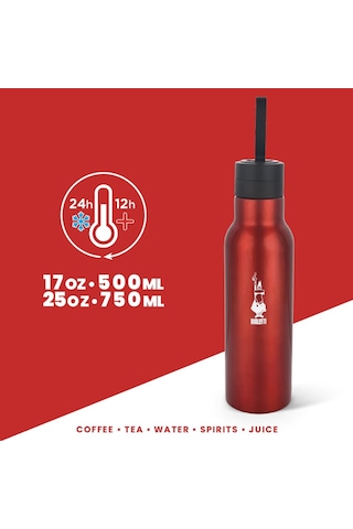 Bialetti - Termal Şişe - 500ml - Kırmızı Renk - Paslanmaz Çelik - Çift Katmanlı - 12 Saat Sıcak 24 Saat Soğuk Tutar - Hava Geçirmez Vidalı Kapak Özelliği - Özel Silikon Conta Sayesinde Sızdırmaz Şişe Açık