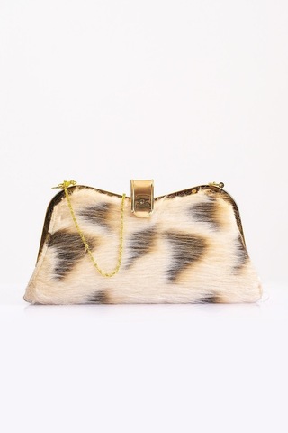 Keyifli Moda Kadın Bej Desenli Suni Kürk Zincirli El Ve Omuz Clutch Portföy Çanta - Bej