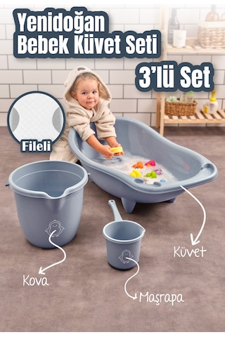 Vienev 3Lü Set Fileli Yenidoğan Küvet Seti Mavi