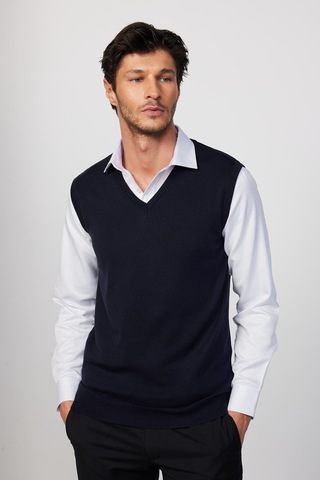 Tudors Slim Fit Dar Kesim V Yaka Kendinden Desenli Lacivert Erkek Süveter-29999 Lacivert