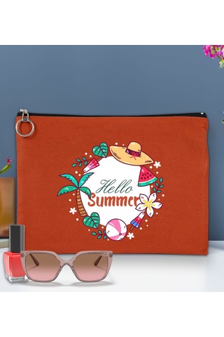 Bk Gift Yaz Temalı-4 Astarlı Kiremit Portföy Çanta 30x21cm, Baskılı El Çantası, Organizer Çanta Çok Renkli