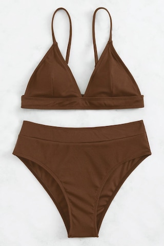 Angelsin Ayarlanabilir Askılı Üçgen Tasarım Yüksek Bel Bikini Takımı Kahverengi