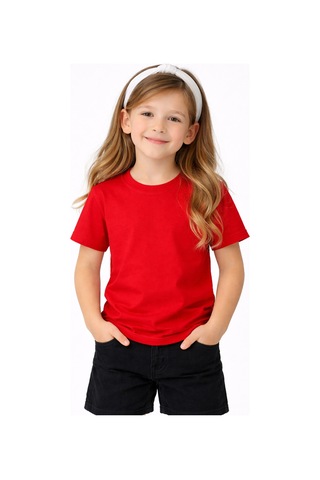 Parti Selesi Unisexs Çocuk Düz Kısa Kollu T-shirt Kırmızı