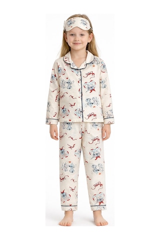 Beka Kids Ekru Desenli Uzun Kollu Önden Düğmeli Gömlek Yaka Kız Çocuk Pijama Takımı Ve Göz Bandı