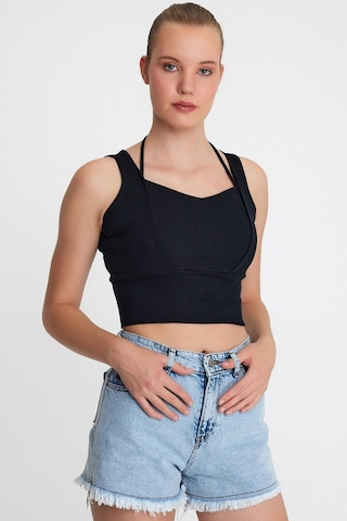 Polo State Kadın Ense Biye Detaylı Crop Siyah