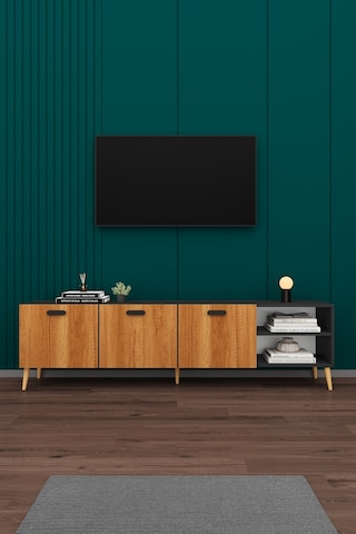 Asra Trend Tv Ünitesi T-22 %100 MDF 200 cm Büyük Boy Tv Sehpası Dolaplı Raflı Petra-Koyu Gri