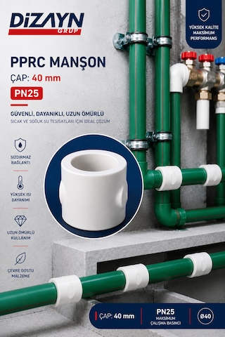 Dizayn Pprc Manşon 40 Mm 15 Adet Pn25 Temiz Su Tesisat Ek Parçası