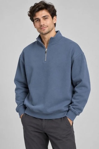 Zennamoda Erkek Üç İplik İçi Şardonlu Dik Yaka Yarım Fermuarlı Kışlık Sweatshirt - Mavi