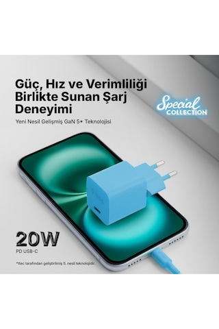Ttec Smartcharger Gan 20W PD Seyahat Hızlı Şarj Aleti + USB-C - Lightning 120 CM Kablo Neon Mavi