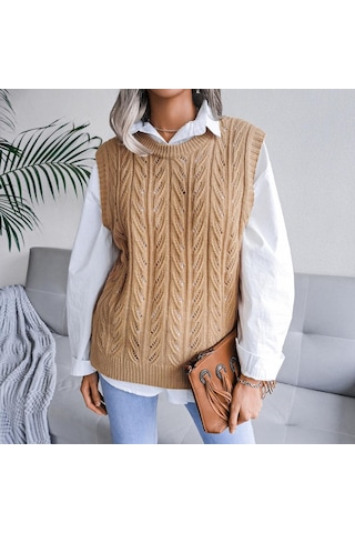 Kadın Sonbahar Kış Bisiklet Yaka Kesim Düz Renk Kolsuz Yaprak Örgü Tank Kazak Sl Haki