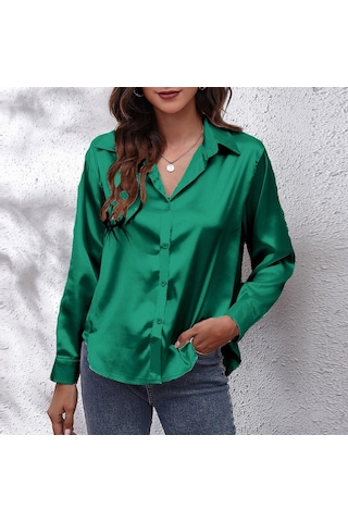 Kadınlar Katı Saten Gömlek Uzun Kollu Düğmeler Casual Gömlek, Renk Siyah