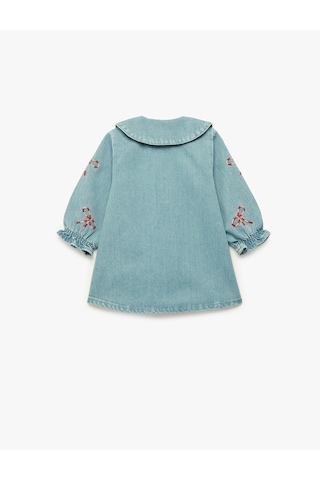 Koton Pamuklu Fiyonk İşlemeli Uzun Kollu A Kesim Bebe Yaka Denim Elbise Lıght Indıgo 6smg80006ad Açık Mavi