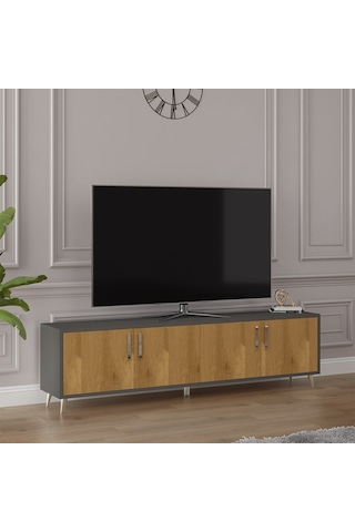 Asra Trend Tv Ünitesi T-05 %100 MDF 160 cm Tv Sehpası 4 Kapaklı Raflı Petra-Koyu Gri