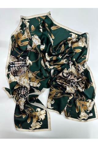 Miorel Scarfs Yeni Sezon Çiçek Desen Ekose Zincir Vual İpek Şal Premium Yeşil