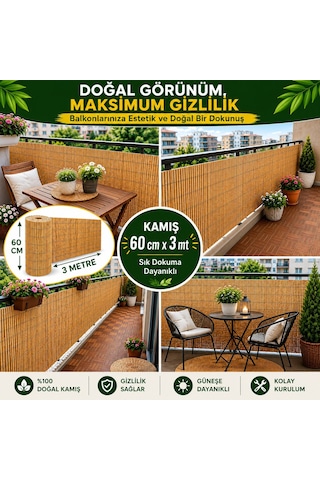 Polybotum Premium Doğal Kamış Hasır Balkon Çiti 60x300 Cm Sık D