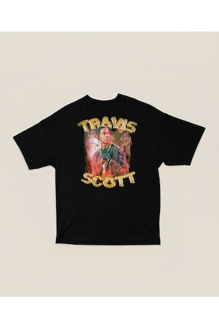 Travis Scott Rapper Baskılı Unisex Oversize Tişört Siyah