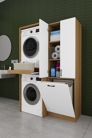 Çamaşır Makinesi Banyo Dolabı Takımı Sepetli %100 Mdf Çekmeceli Çok Amaçlı Kurutma Dolabı Bt01 Beyaz - Karına