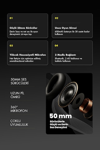 Gameagle Ghost Pro Triple Mode Bluetooth 5.3 Profesyonel Mikrofonlu Kulak Üstü Oyuncu Kulaklığı