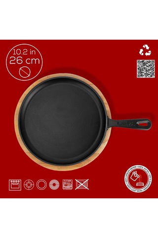 Lava Döküm Yuvarlak Pizza Krep Pankek Tavası Döküm Demir Yekpare Saplı Kayın Servis Ahşabı Çap Ø 26cm. Bordo