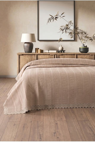 %100 Pamuk Çift Kişilik Kopanaki Dantelli Waffle Pike-210x230 Cm-sütlü Kahve Petek Pike Sutlukahve